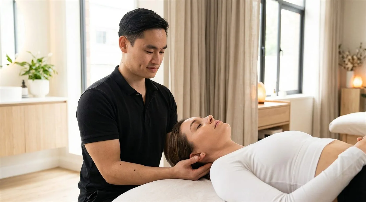 Stretch therapist talking a client through what to do between sessions